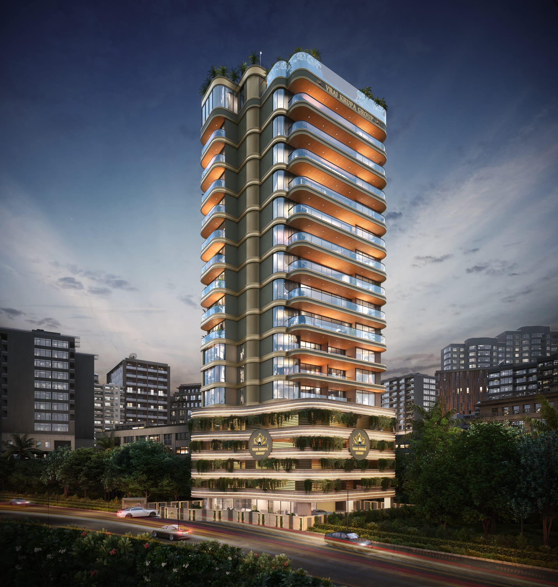 A luxury residential tower by Vraj Krupa Group at dusk, Pali Hill, Bandra West, Mumbai